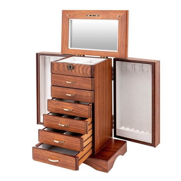 Woven Wood Jewelry Box Organizer - 5-Layer Large With Mirror & Drawers For Rings, Earrings