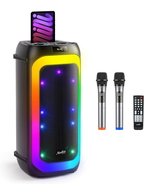 7 Left Save 70$ Moukey Adults Karaoke Machine for Party Singing PA System Dual 6.5" Woofer Outdoor Portable Bluetooth Speakers with 2 UHF Wireless Microphone