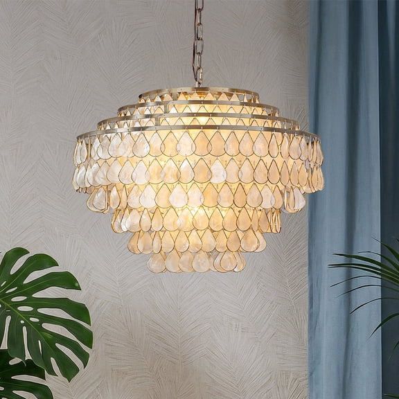 7-Light 24'' Mid-Century Modern Coastal Aged Bronze 4-Tier Natural Capiz Shell Chandelier Vintage Glam Pendant Light For Dining Room Living Room or Foyer