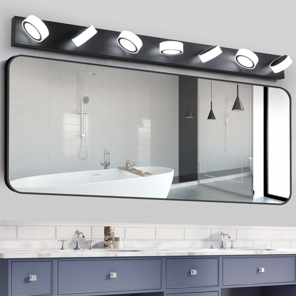 7 Light Modern Rotating Oval Lampshade 52.2in Metal Vanity Light Fixtures Dimmable for Bathroom Lighting Over Mirror Black