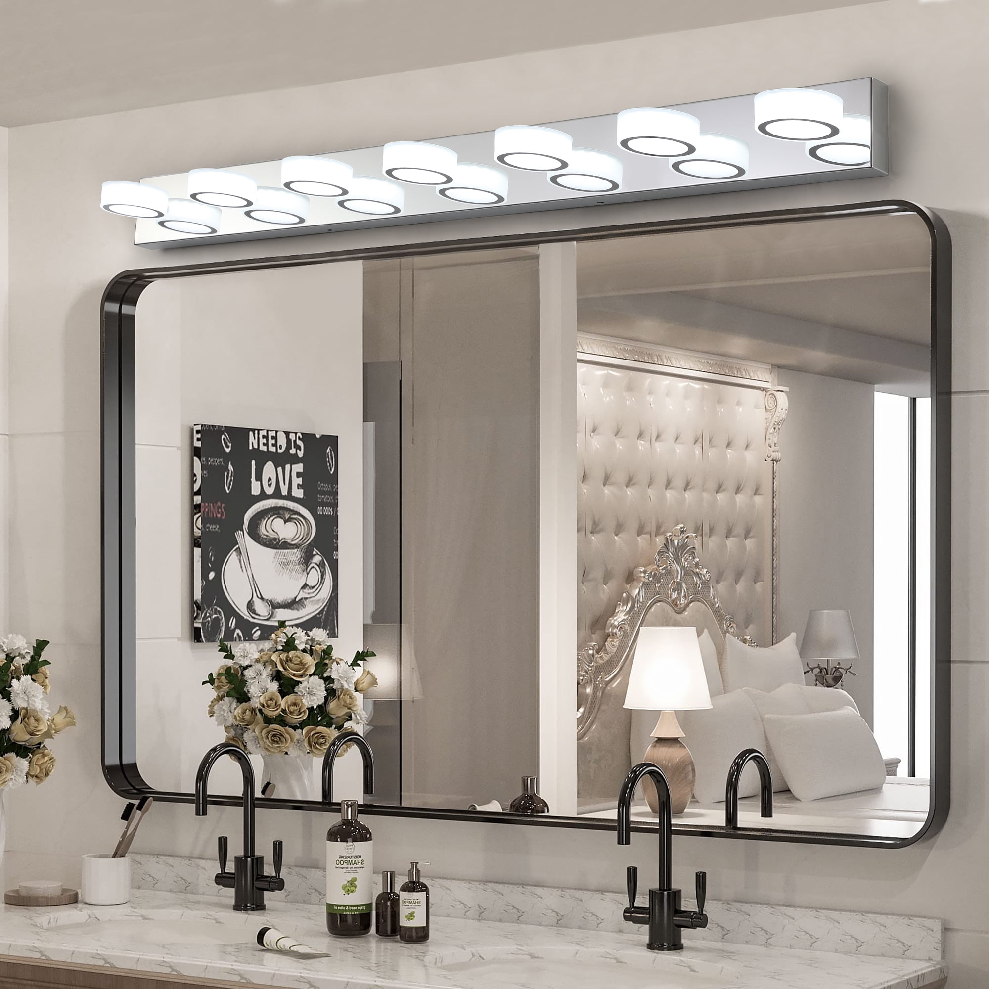 7 Light Modern Rotating Oval Lampshade 52.2in Metal Vanity Light Fixtures Dimmable for Bathroom Lighting Over Mirror Chrome