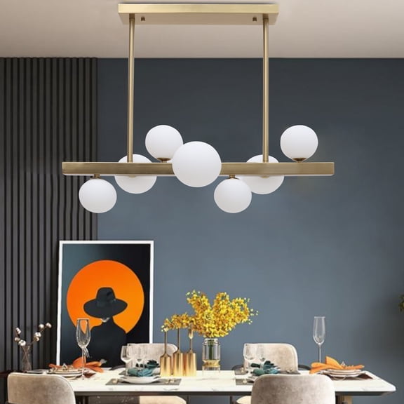 7-Light Pendant Light 28x22in Gold & White Modern Chandelier with Spherical Glass Shades Linear Suspension Lamp