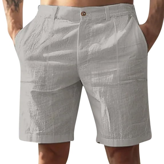 7" Linen Mens Pants Hawaiian Lightweight Breathable Button Waist Pockets Beach Shorts Fathers Gift