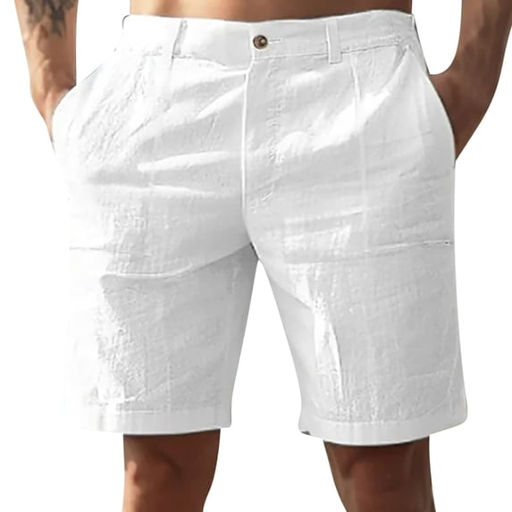 7" Linen Mens Pants Hawaiian Lightweight Breathable Button Waist Pockets Beach Shorts Fathers Gift