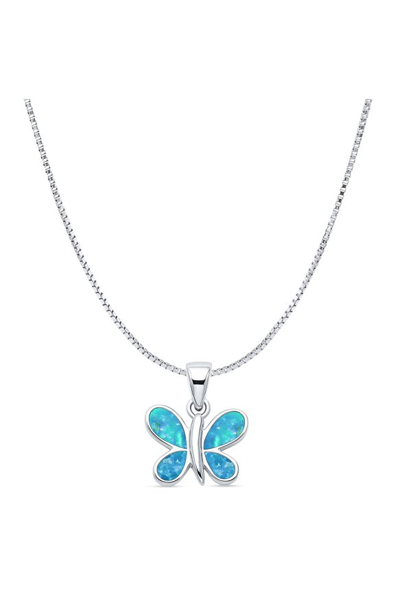 7" Long 1mm Box Chain- Lab Created Blue Opal Butterfly Pendant Necklace Vintage Style 925 Sterling Silver 14mm Pendant Gift For Her