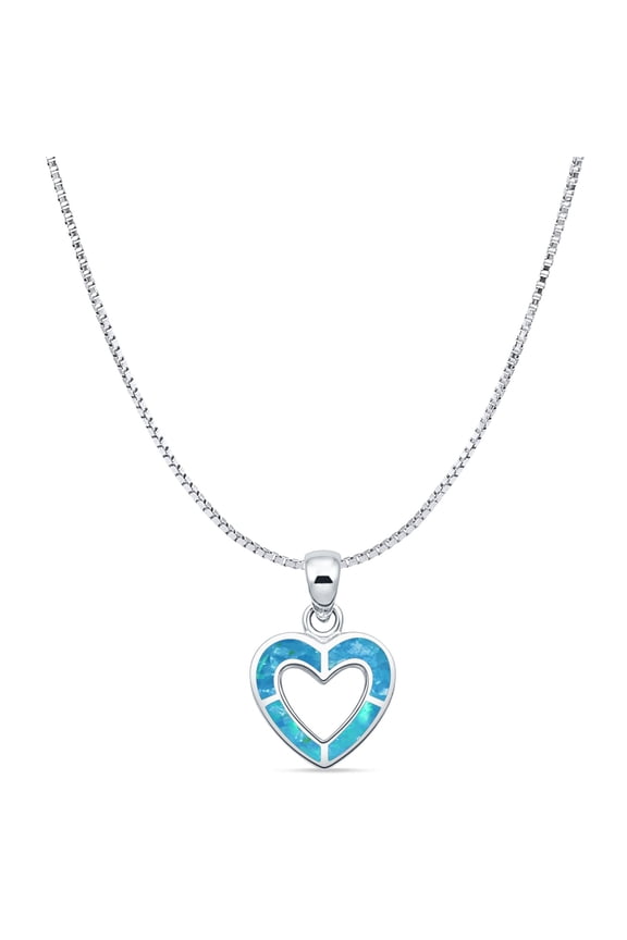 7" Long 1mm Box Chain- Lab Created Blue Opal Heart Pendant Necklace Vintage Style 925 Sterling Silver 17mm Pendant Gift For Her