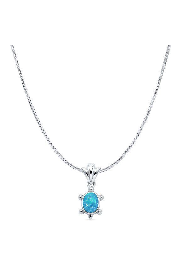 7" Long 1mm Box Chain- Lab Created Blue Opal Turtle Pendant Necklace Vintage Style 925 Sterling Silver 14mm Pendant Gift For Her