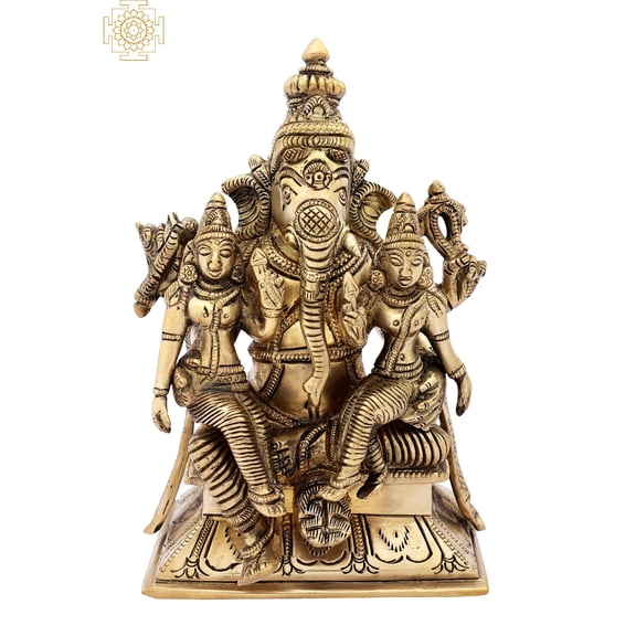 7-inch Lord Ganesha with Riddhi and Siddhi - Handmade Brass Statue