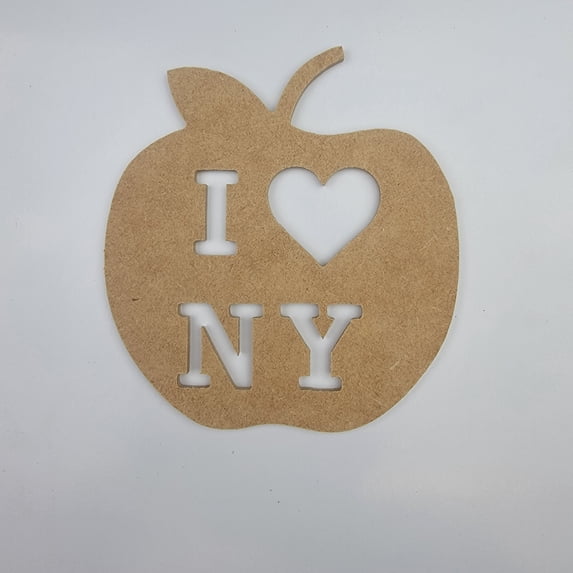 7" Love New York Apple, Unfinished MDF Art Shape by Wooden Craft Cutouts, 1-4 Thickness
