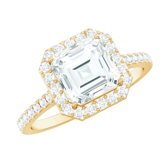 Rosec Jewels Moissanite Asscher Cut Engagement Ring 3 Carat - 8 mm Moissanite Halo Ring - D-VS1 Quality Certified, 10K Yellow Gold, US 6.50