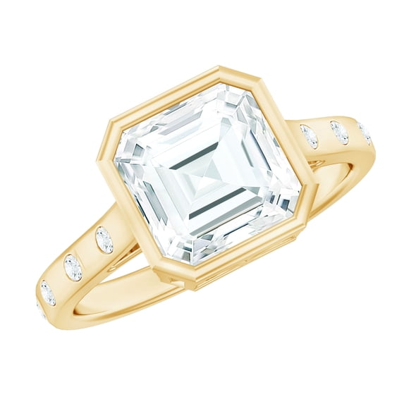 Rosec Jewels Asscher Cut Moissanite Solitaire Ring in Bezel Setting with Sleek Accent - 3 Carat - D-VS1 Quality, 10K Yellow Gold, US 11.50