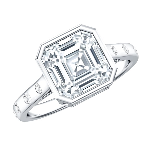 Rosec Jewels Bezel Set Asscher Cut Moissanite 3 Carat Engagement Ring - D-VS1 Quality - with Jewelry Box, 14K White Gold, US 12.50