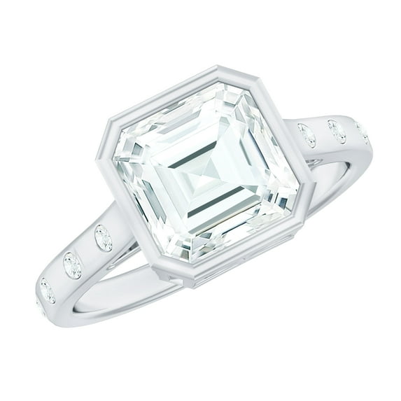 Rosec Jewels 7 MM Asscher Cut Moissanite Solitaire Ring in Bezel Setting with Sleek Accent, 14K White Gold, US 12.50