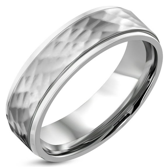 7 MM Stainless Steel Hammered Finish Flat Comfort Fit Wedding Band Ring