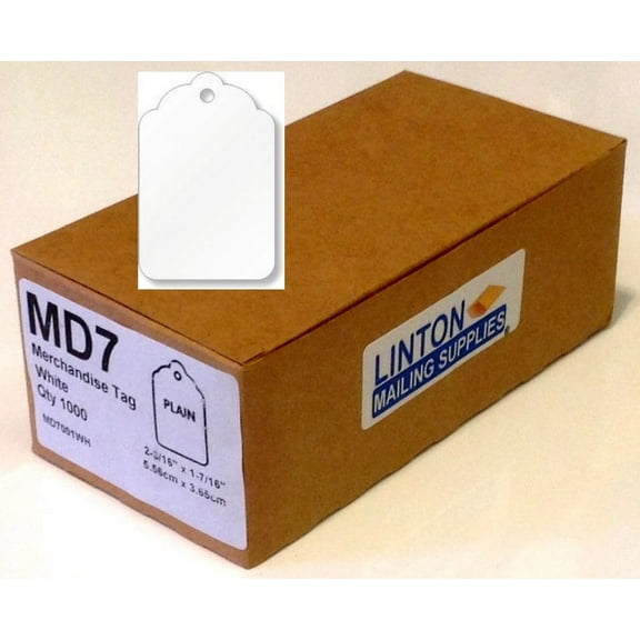 #7 Merchandise Tag (1.4375" x 2.1875" / 1-7/16" x 2-3/16"), White 12-Pt. Cardstock, Scalloped Top w Hole, No String - Box of 1,000 Tags