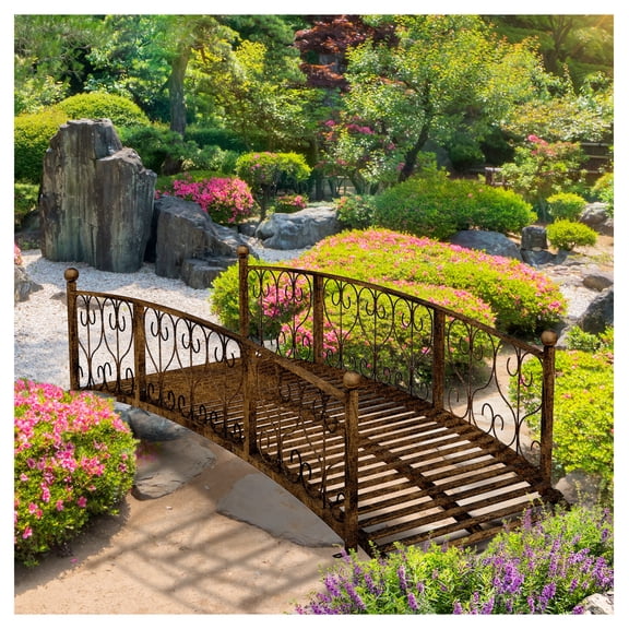 7' Metal Garden Bridge Arch Footbridge, Bronze - Decorative Outdoor Pond Bridge with Safety Rails
