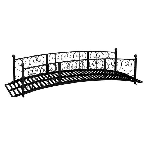 7' Metal Garden Bridge - Arch Footbridge with Railings, Black Decorative Scrollwork