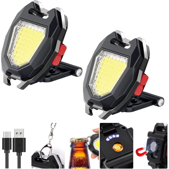 7 Modes COB Work Light 2 Pack, 1200 Lumens Bright Rechargeable LED Flashlight, Portable Pocket Light with Folding Bracket Whistle for Outdoor