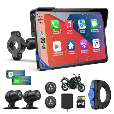 7" Motorcycle CarPlay Screen with Dual 4K Dash Cam, GPS Navigation – Waterproof, Bluetooth Audio, BSD & TPMS for Motorcycle, 64GB
