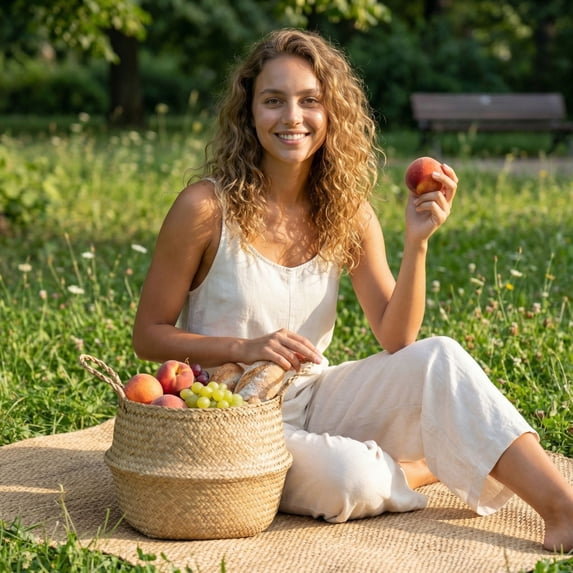 7" Mouth & 9" Belly Woven Seagrass Belly Basket, Handwoven Natural Storage Basket With Sturdy Handles, Ideal For Organizing Toys, Blankets, Fruits & Picnic Supplies For Home,