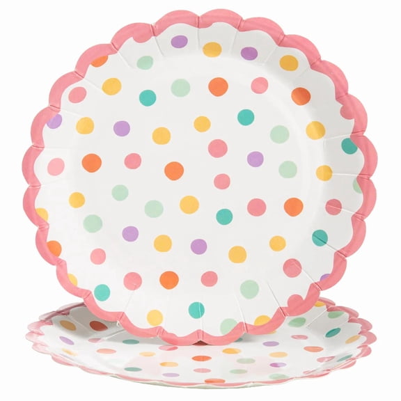 7" Muted Geometric Pattern Scalloped Round Disposable Paper Dessert Plates - 24 Pc.