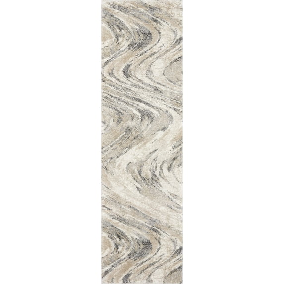 7' Natural Beige Machine Woven Abstract Waves Indoor Runner Rug