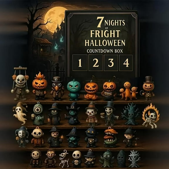 7 Nights of Fright Halloween Countdown Box - 2025 Advent Calendar with 31 Spooky Figurines, Horror Collectible Dolls, Hanging Charms & Mini Decor for Party & Home Scary Display