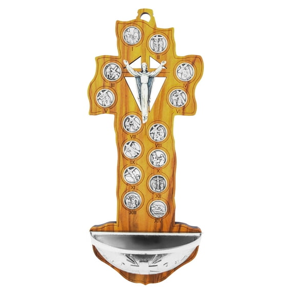 7" Olive Wood Crucifix Style Holy Water Font