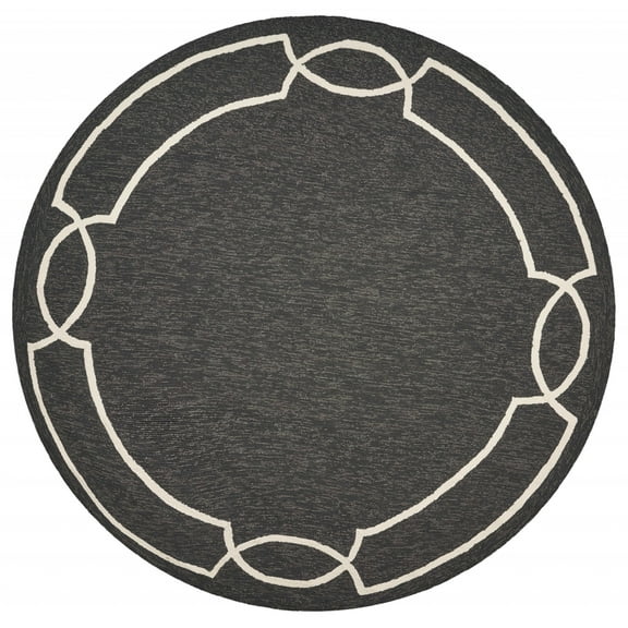 7' Onyx Black Hand Hooked UV Treated Bordered Round Indoor Outdoor Area Rug