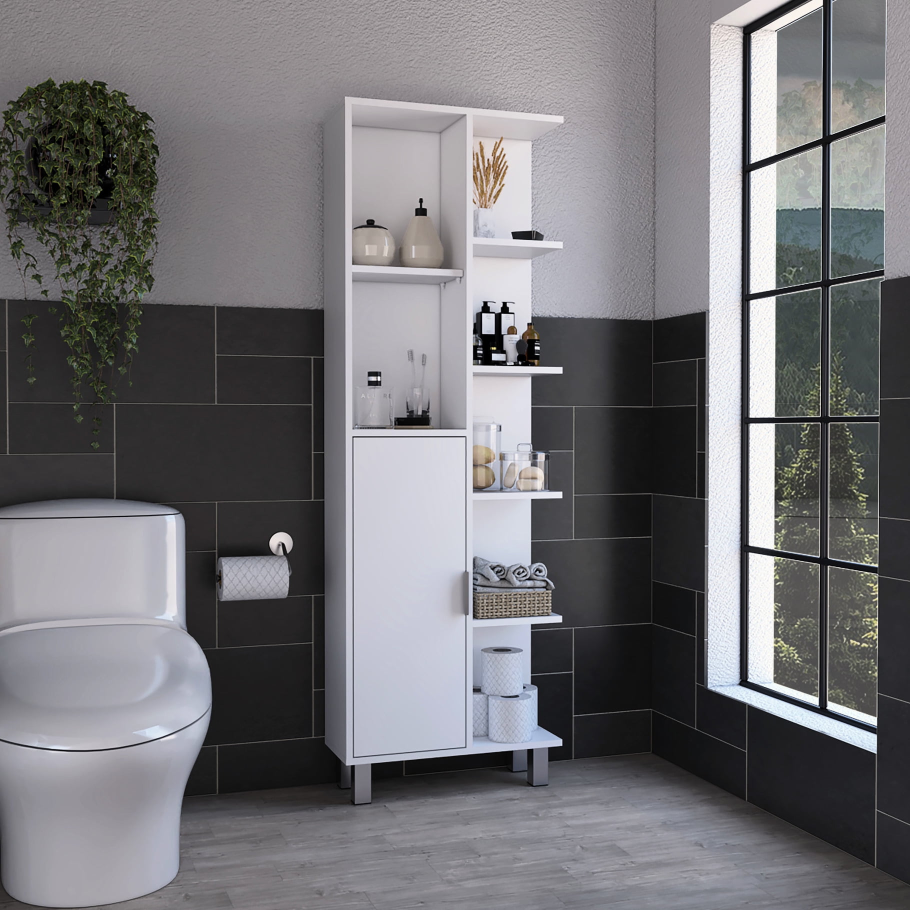7 Open Shelves Bathroom Cabinet - 63-inch High, White, Modern Linen ...