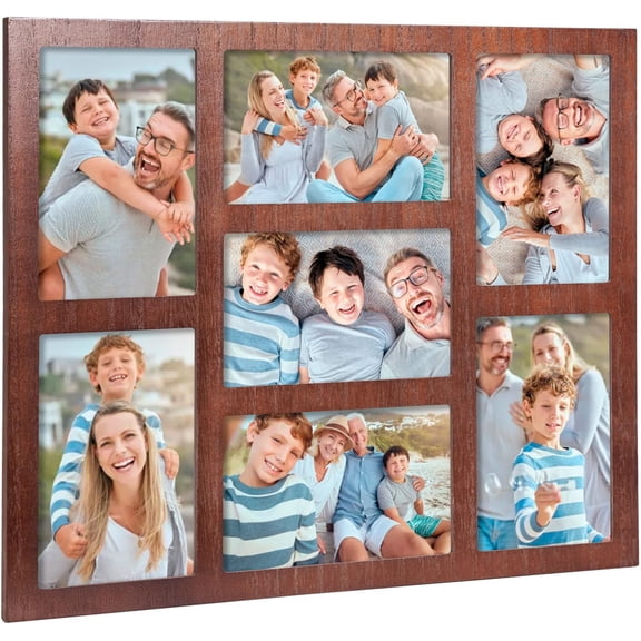 7 Openings Photo Collage for Wall Decor, 4x6 Picture Frame Collage for Wall Mounting or Tabletop, Wooden Multiple Photo Frame Display 4x6 Pictures for Desk, Office, Living Room, Brown