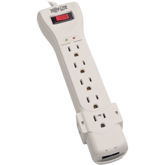 7 Outlet Sur Protector Power Strip, 7ft, Right-Angle Plug, Fax/Modem Protection, RJ11, $75,000 Insurance (SUPER7TEL), Gray, 10.3" x 2.8" x 1.5"