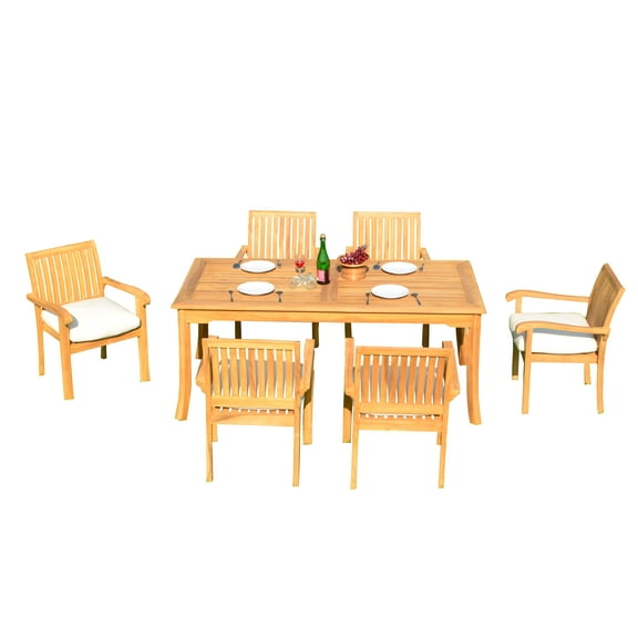 7 PC A Grade Outdoor Patio Teak Dining Set - 71" Rectangle Table & 6 Naples Stacking Arm Chairs