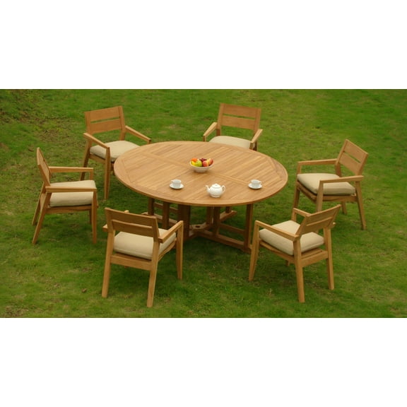 7 PC A Grade Outdoor Patio Teak Dining Set - 72" Round Table & 6 Cellore Stacking Arm Chairs