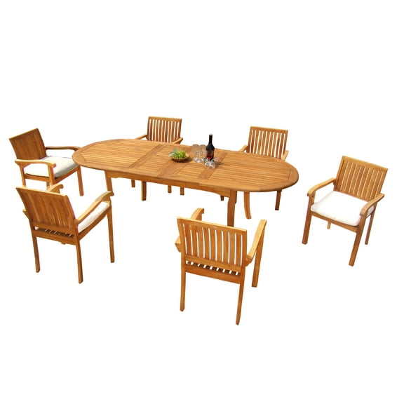 7 PC A Grade Outdoor Patio Teak Dining Set - 94" Double Extension Oval Table & 6 Naples Stacking Arm Chairs
