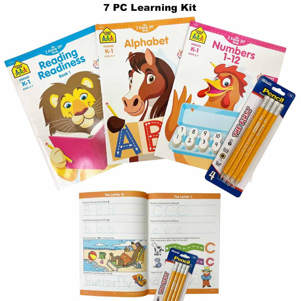 7 PC Kit School Zone Activity Books With Pencils Kids Alphabet Kinder Ages 5-7
