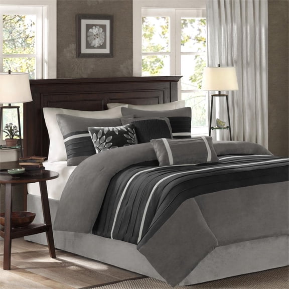 7 PC Pieced Faux Suede Comforter Set Black King