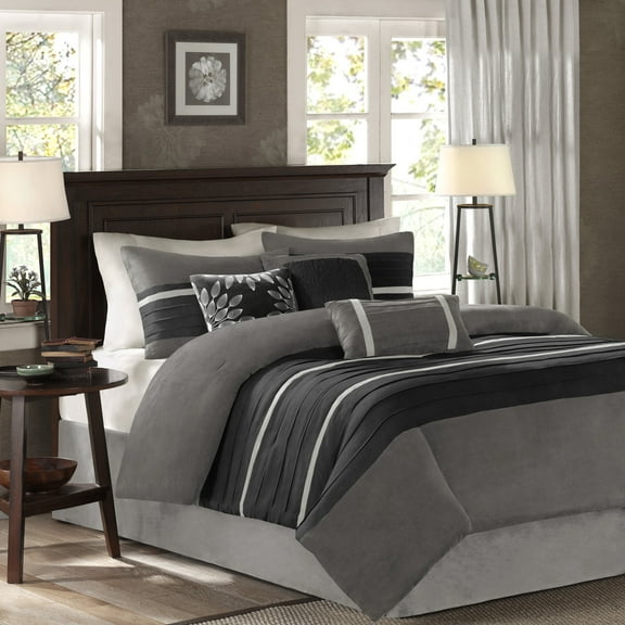 7 PC Pieced Faux Suede Comforter Set Black Queen