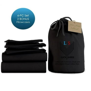 7-PC Split King Organic 800-TC Cotton Sheet Set - 15" Deep Pockets with 4 Pillowcases - Black