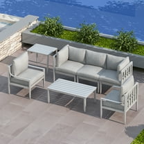 7 PCS Aluminum Patio Sectional Sofa Set with 3-Seat Couch, Armchair, Coffee Table, Side Table | Outdoor Furniture Set Conversation Set for Poolside Backyard, White Frame with Gray Cushion
