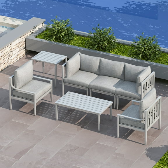 7 PCS Aluminum Patio Sectional Sofa Set with 3-Seat Couch, Armchair, Coffee Table, Side Table | Outdoor Furniture Set Conversation Set for Poolside Backyard, White Frame with Gray Cushion