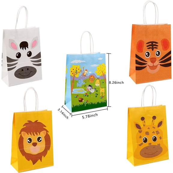 7 PCS Animal Gift Bags Zoo Jungle Safari Party Bags Animal Print Goody Bags Sweet Candy Gift Bags Kraft Paper Bags with Twist Handles Favor Bags for Kids Toddlers Children Girls Boys Birthday Party