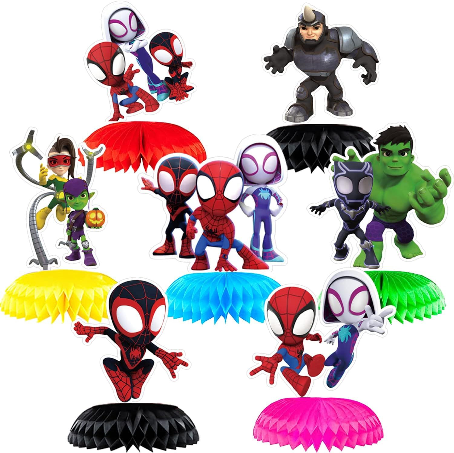 7 PCS Avengers Spiderman Party Supplies, Honeycomb Centerpieces 3D Double Side Party Decor, Colorful Non-Fading Cardstock Birthday Party Decorations for Tabletop, Cake Display
