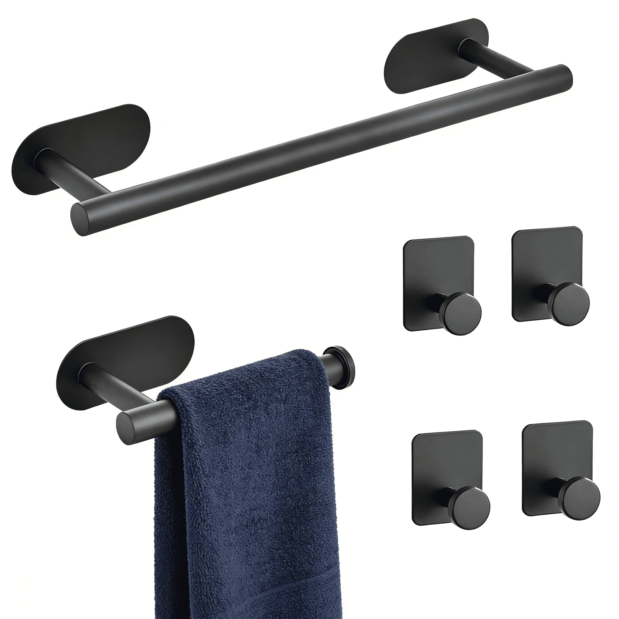 6 PCS Bathroom Hardware Set, Matte Black Stainless Steel Bathroom Tower Rack Set Includes Towel Bar, Toilet Towel Paper Holder, 4 Robe Towel Hooks for Bathroom, Kitchen, Washroom Wall