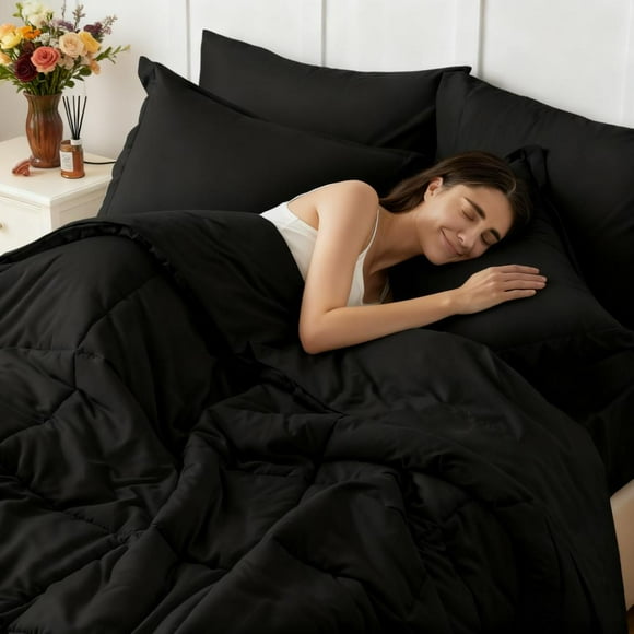 7 PCS Black Comforter Set Twin Size, 7 Pieces Bed in a Bag, All Season Bedding Set Conclude 1 Quilted Comforter, 1 Flat Sheet, 1 Fitted Sheet, 4 Pillowcases