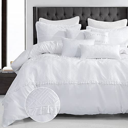 7 PCS Boho Embossed Comforter Set with Hndcrfted Tssel King, White Textured Down lterntive