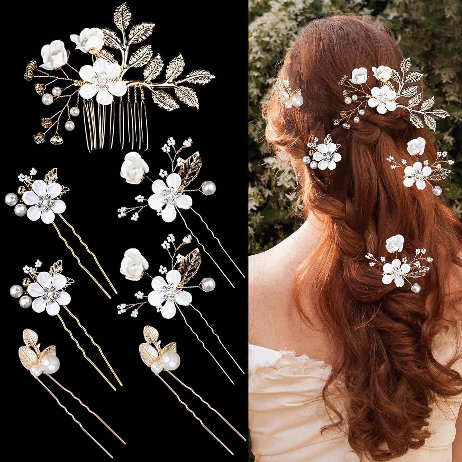 7 Pc Bridal Pearl Hair Comb & Rhinestone Hairpins Set Wedding Headpieces Amazon.com : 7PCS Pearl Wedding Hair Combs Bridal Headpiece  main image 4