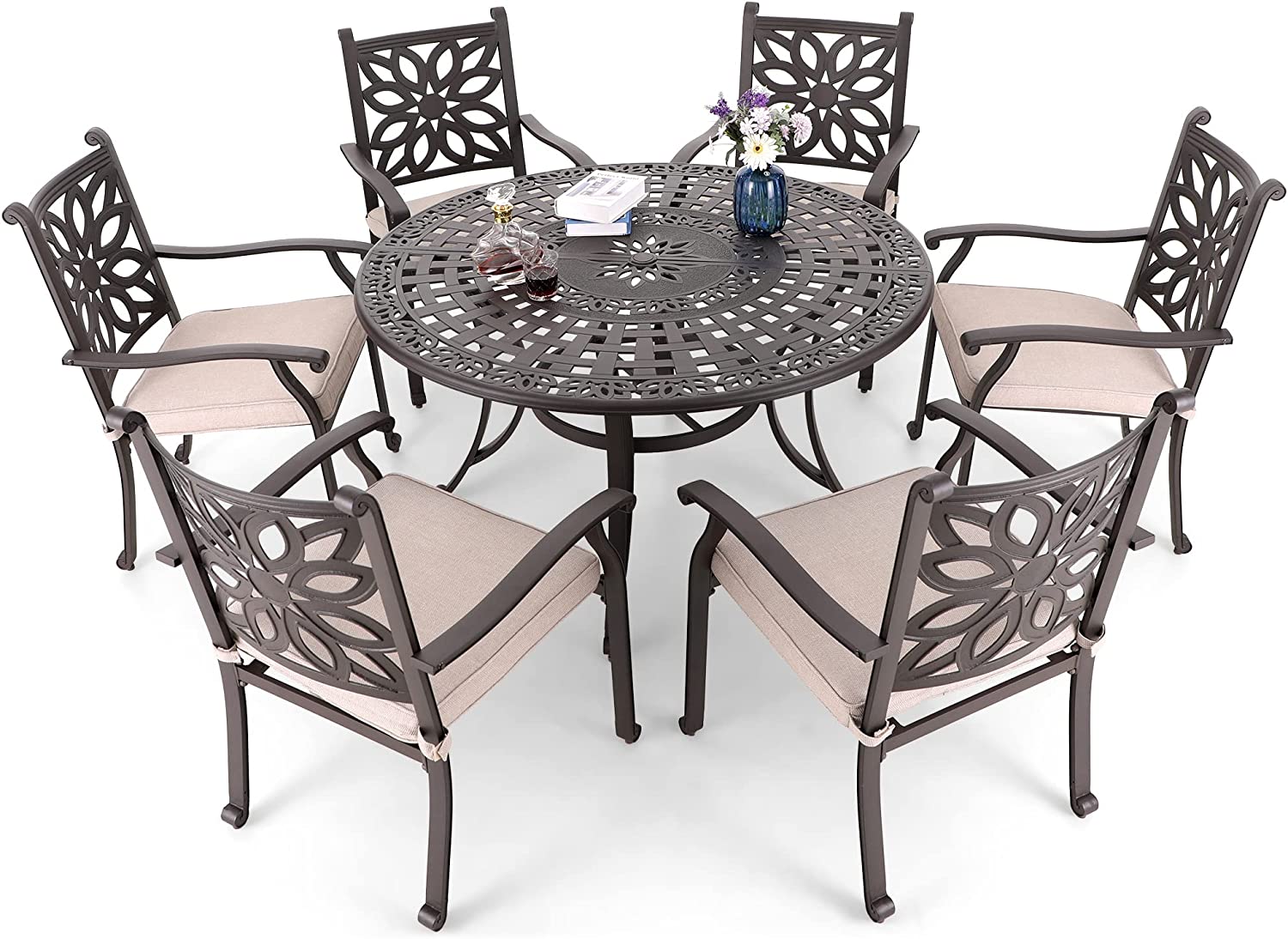 7 PCS Cast Aluminum Design Patio Dining Set with 6 Extra Wide Dining