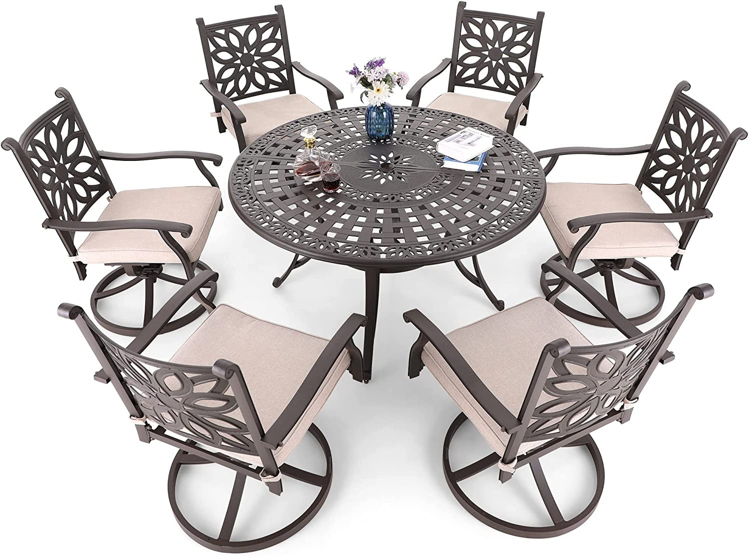 7 PCS Cast Aluminum Retro Design Patio Dining Set with 6 Swivel & Rock