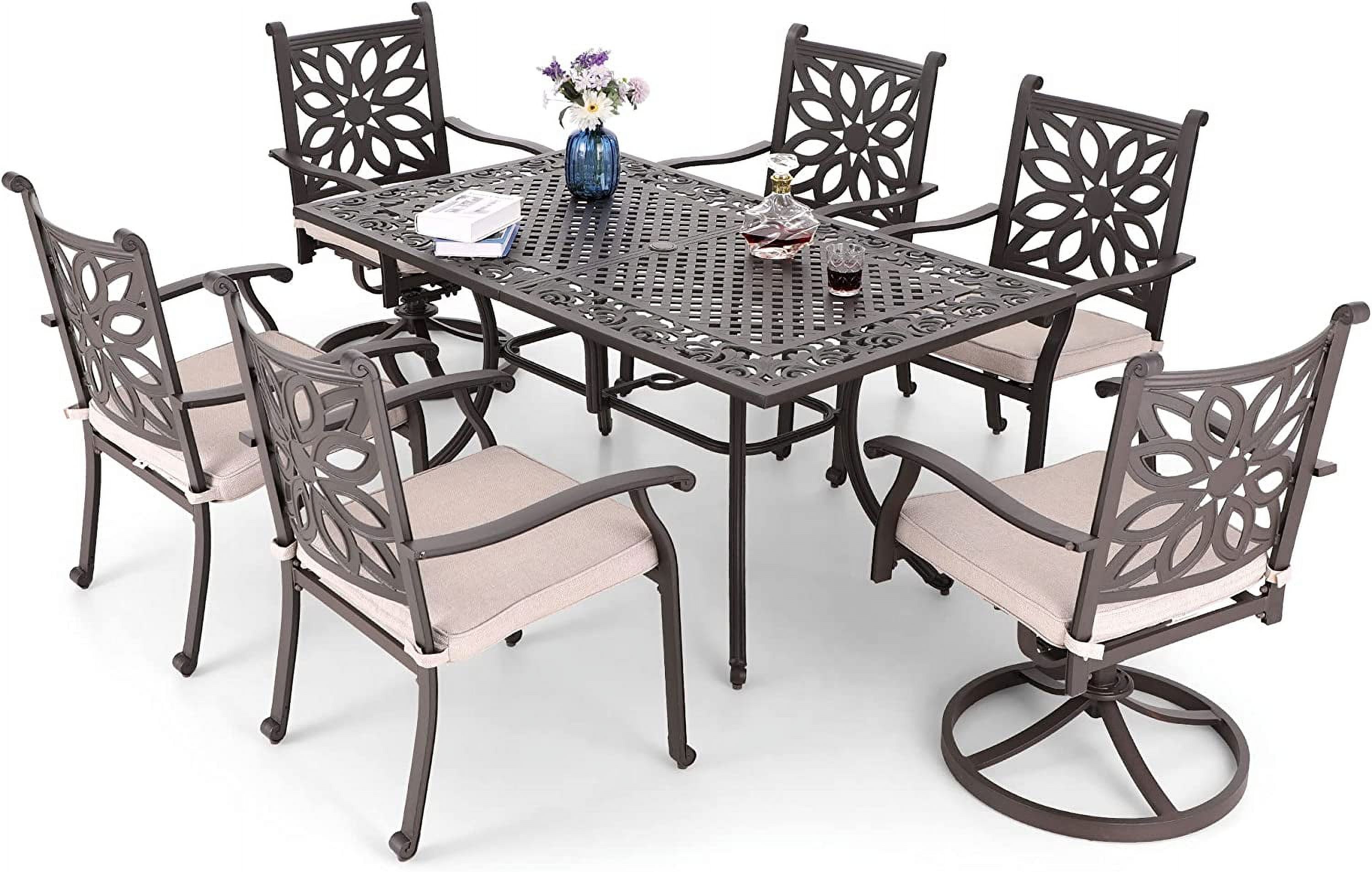 7 PCS Cast Aluminum Retro Design Patio Dining Set with 6 Swivel & Rock